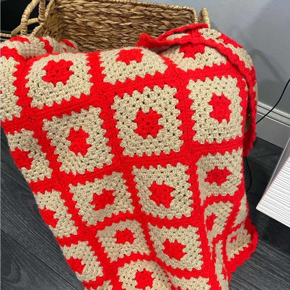 Handmade Crochet Throw Blanket in Red and Cream
